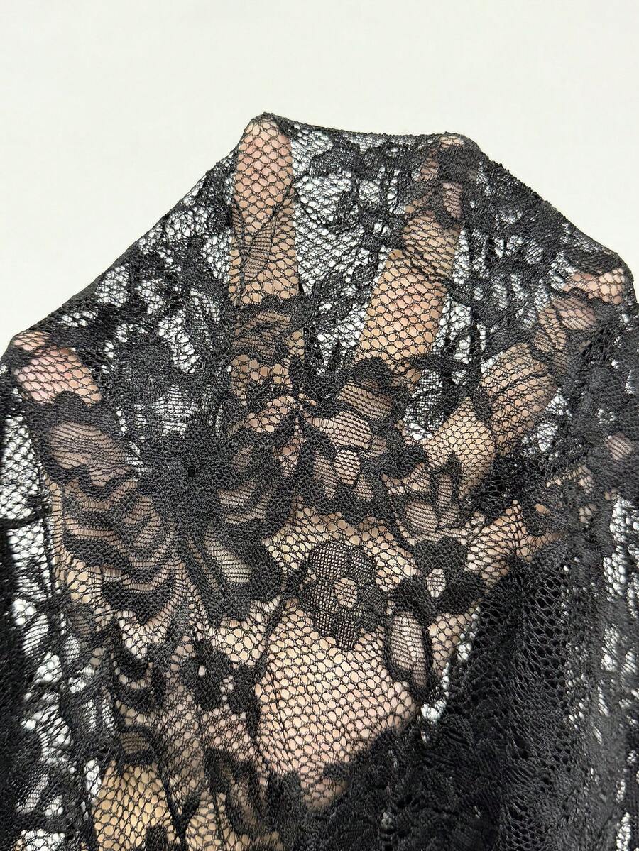 Black two-piece outfit set for women featuring an off-the-shoulder lace short sleeve top and a matching ruched asymmetrical short skirt.