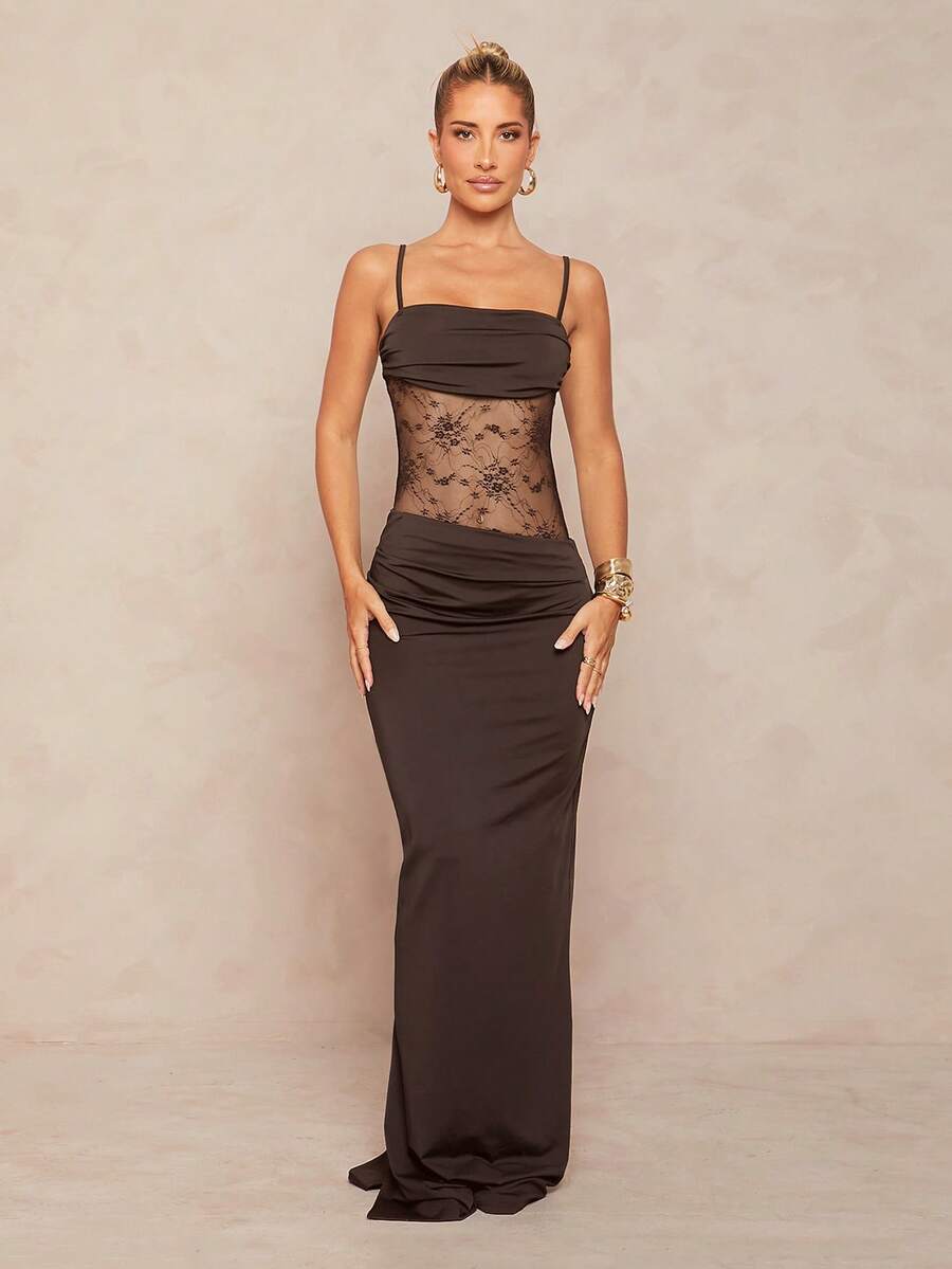 Women's black backless lace bodycon maxi dress with spaghetti straps and a mermaid hemline.