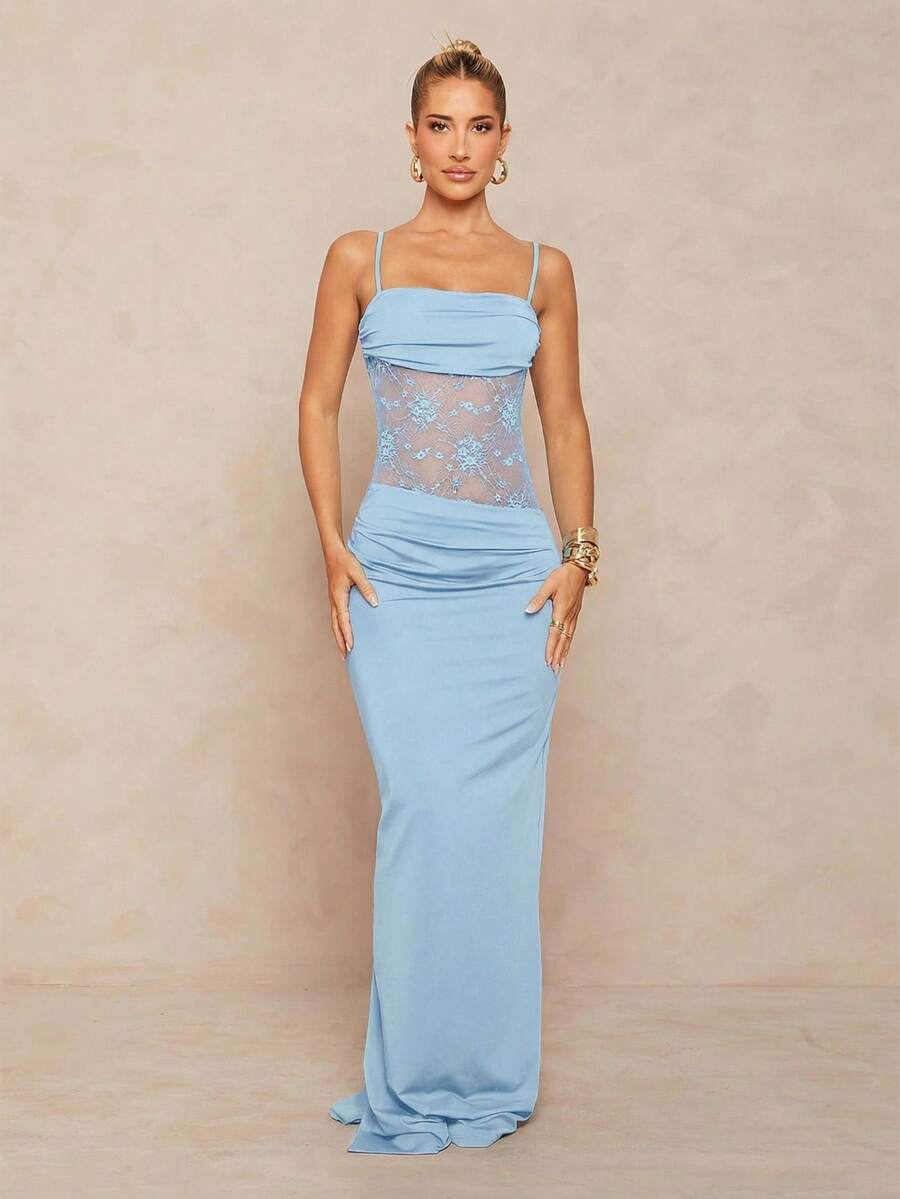 Women's black backless lace bodycon maxi dress with spaghetti straps and a mermaid hemline.