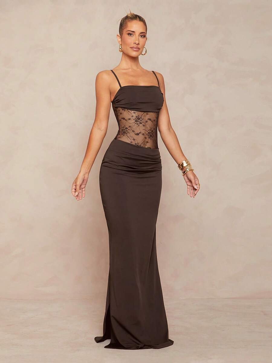 Women's black backless lace bodycon maxi dress with spaghetti straps and a mermaid hemline.