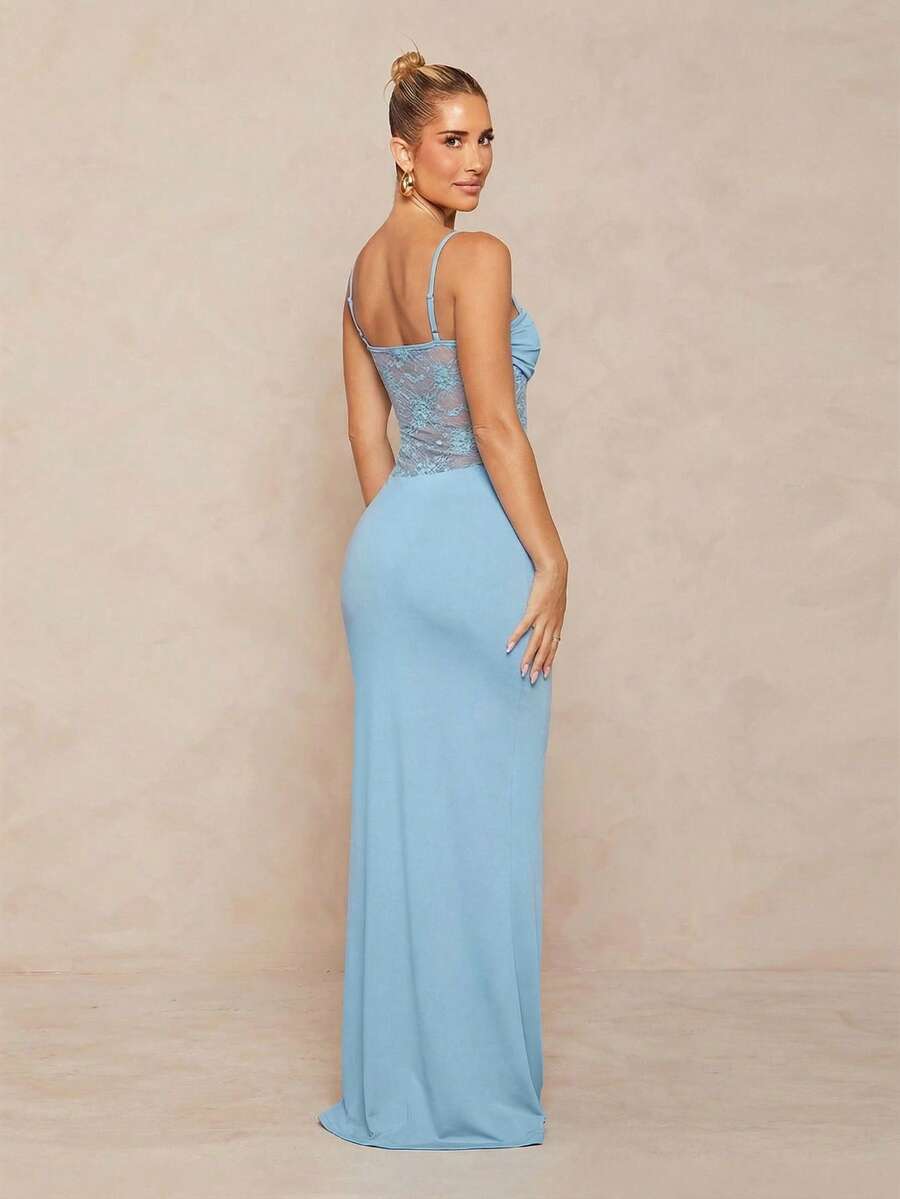Women's black backless lace bodycon maxi dress with spaghetti straps and a mermaid hemline.