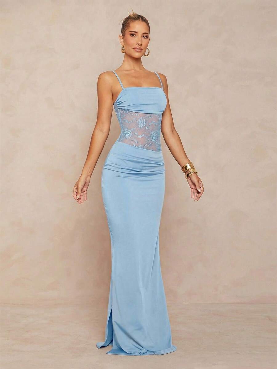 Women's black backless lace bodycon maxi dress with spaghetti straps and a mermaid hemline.