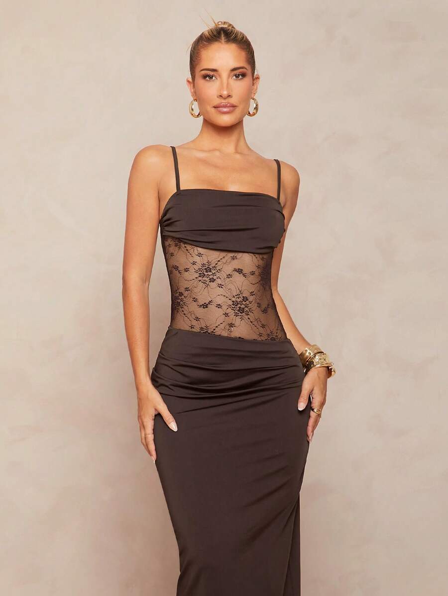 Women's black backless lace bodycon maxi dress with spaghetti straps and a mermaid hemline.