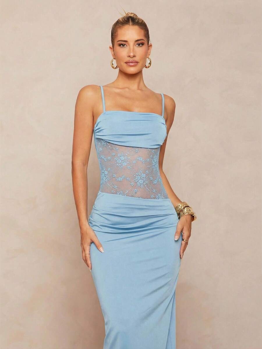Women's black backless lace bodycon maxi dress with spaghetti straps and a mermaid hemline.
