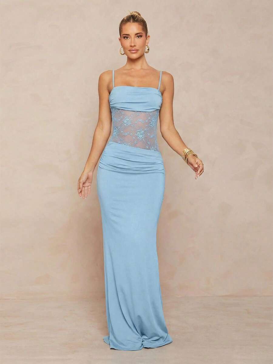 Women's black backless lace bodycon maxi dress with spaghetti straps and a mermaid hemline.