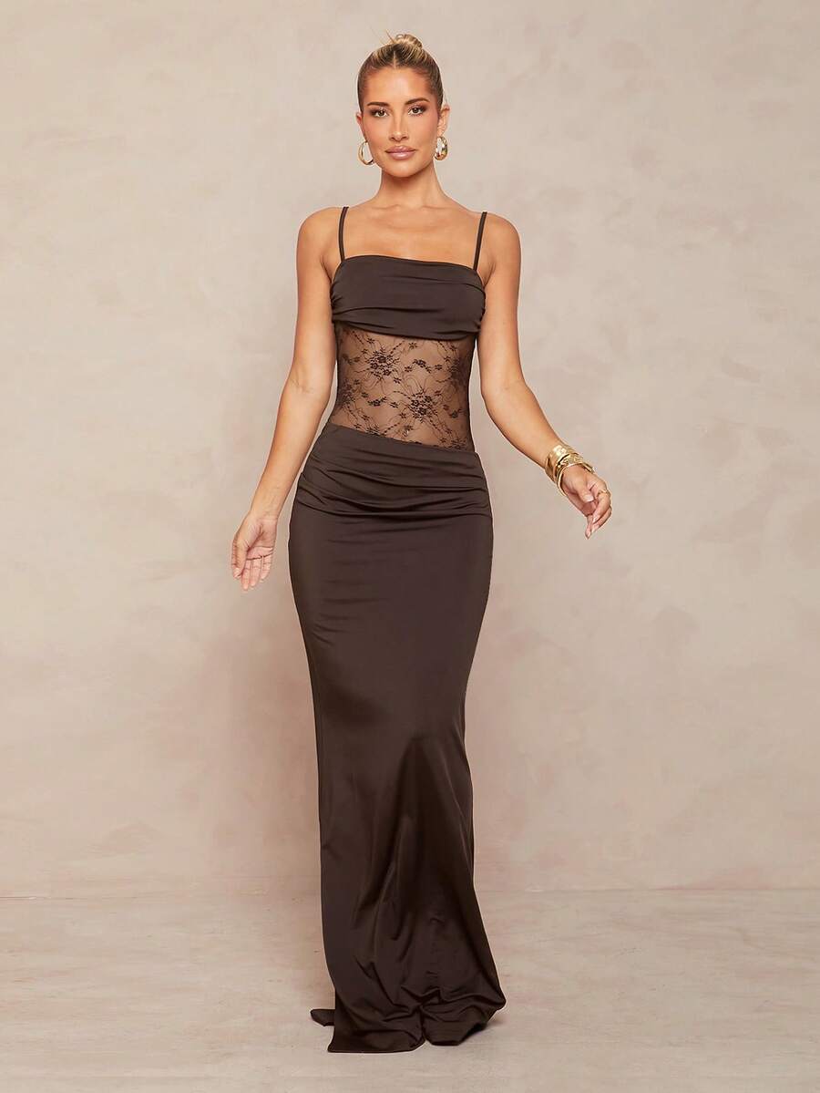 Women's black backless lace bodycon maxi dress with spaghetti straps and a mermaid hemline.