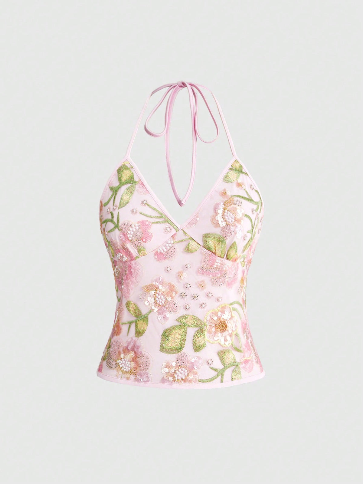 Women's floral embroidery backless halter crop top featuring contrast lace, ruched detailing, and slim fit in knitted pink fabric.