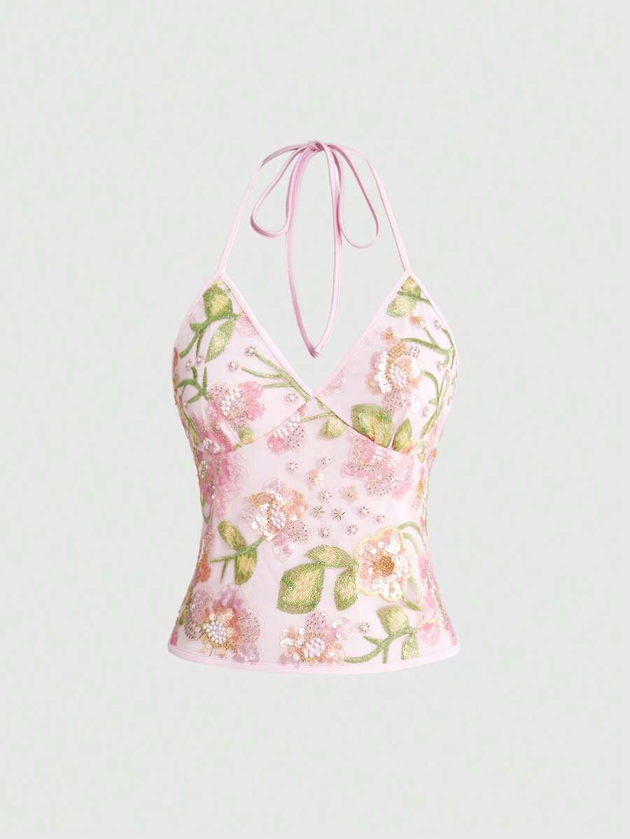 Women's floral embroidery backless halter crop top featuring contrast lace, ruched detailing, and slim fit in knitted pink fabric.