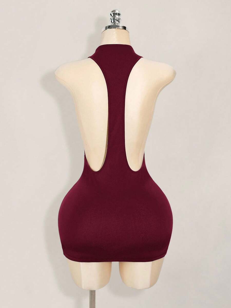 Apricot criss-cross backless bodycon mini dress for women featuring a round neck and rhinestone accent details.