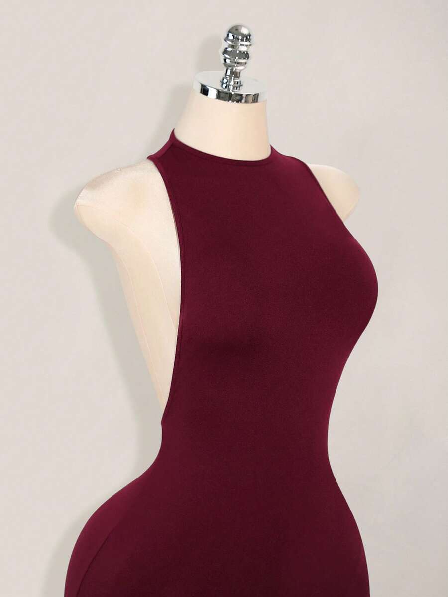 Apricot criss-cross backless bodycon mini dress for women featuring a round neck and rhinestone accent details.