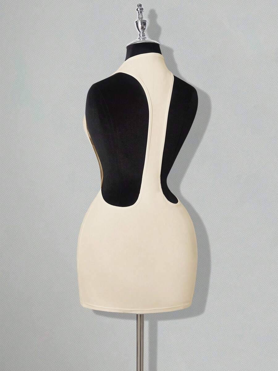 Apricot criss-cross backless bodycon mini dress for women featuring a round neck and rhinestone accent details.