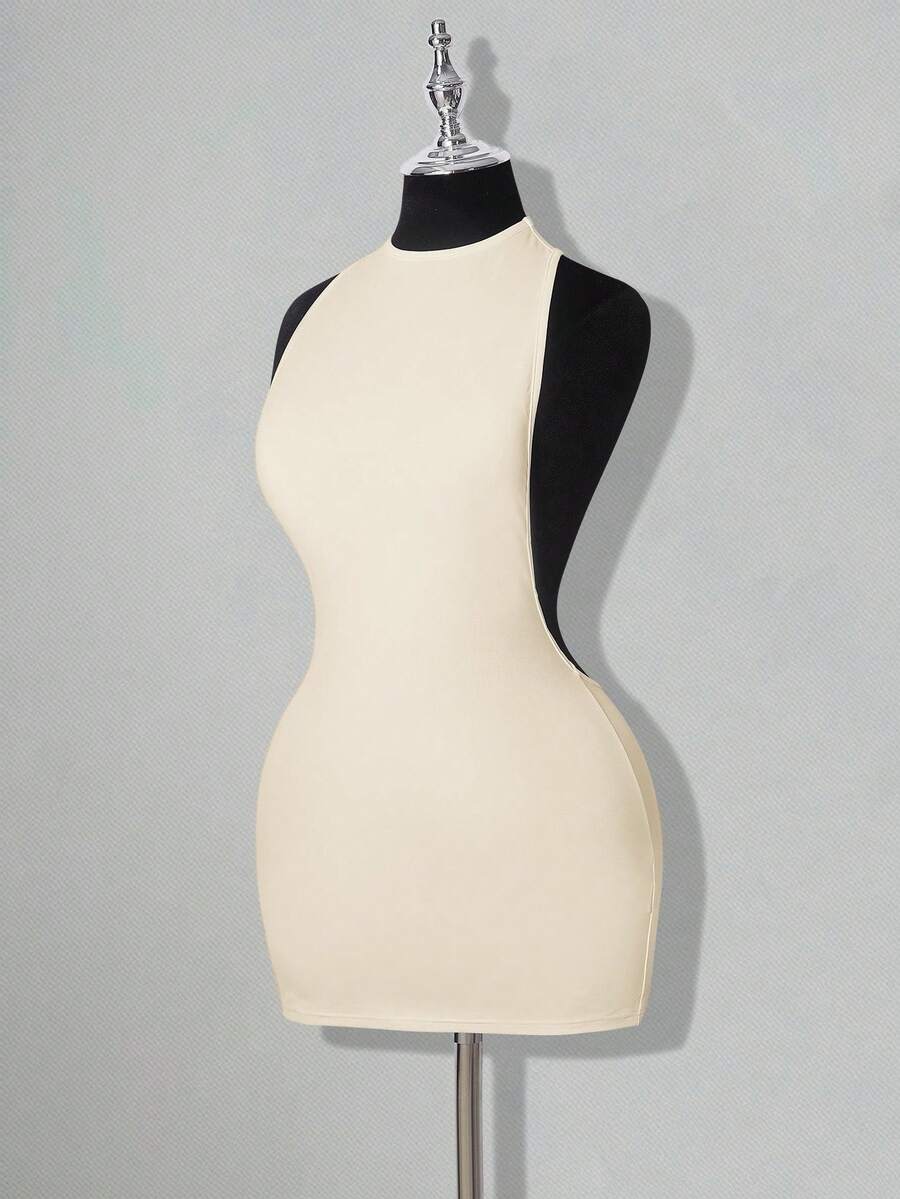Apricot criss-cross backless bodycon mini dress for women featuring a round neck and rhinestone accent details.