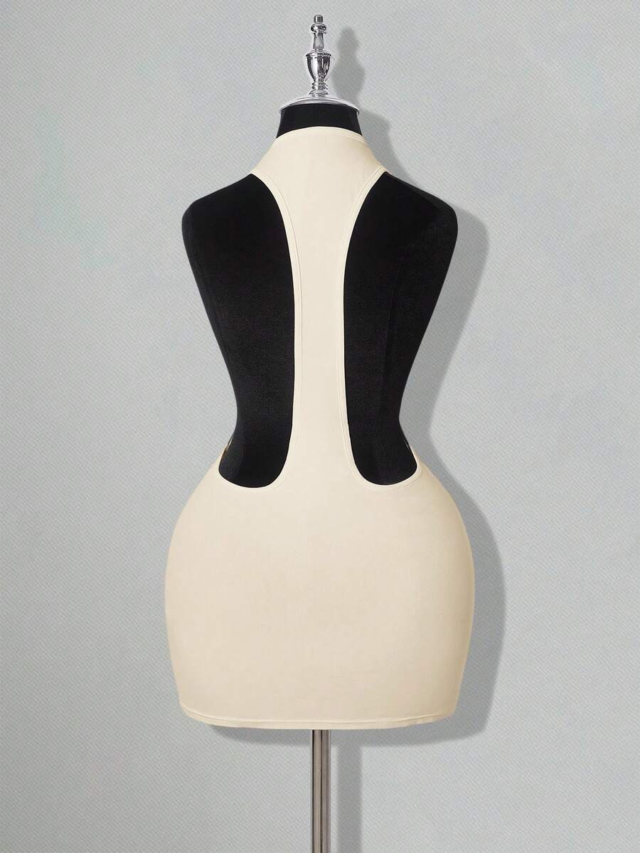Apricot criss-cross backless bodycon mini dress for women featuring a round neck and rhinestone accent details.