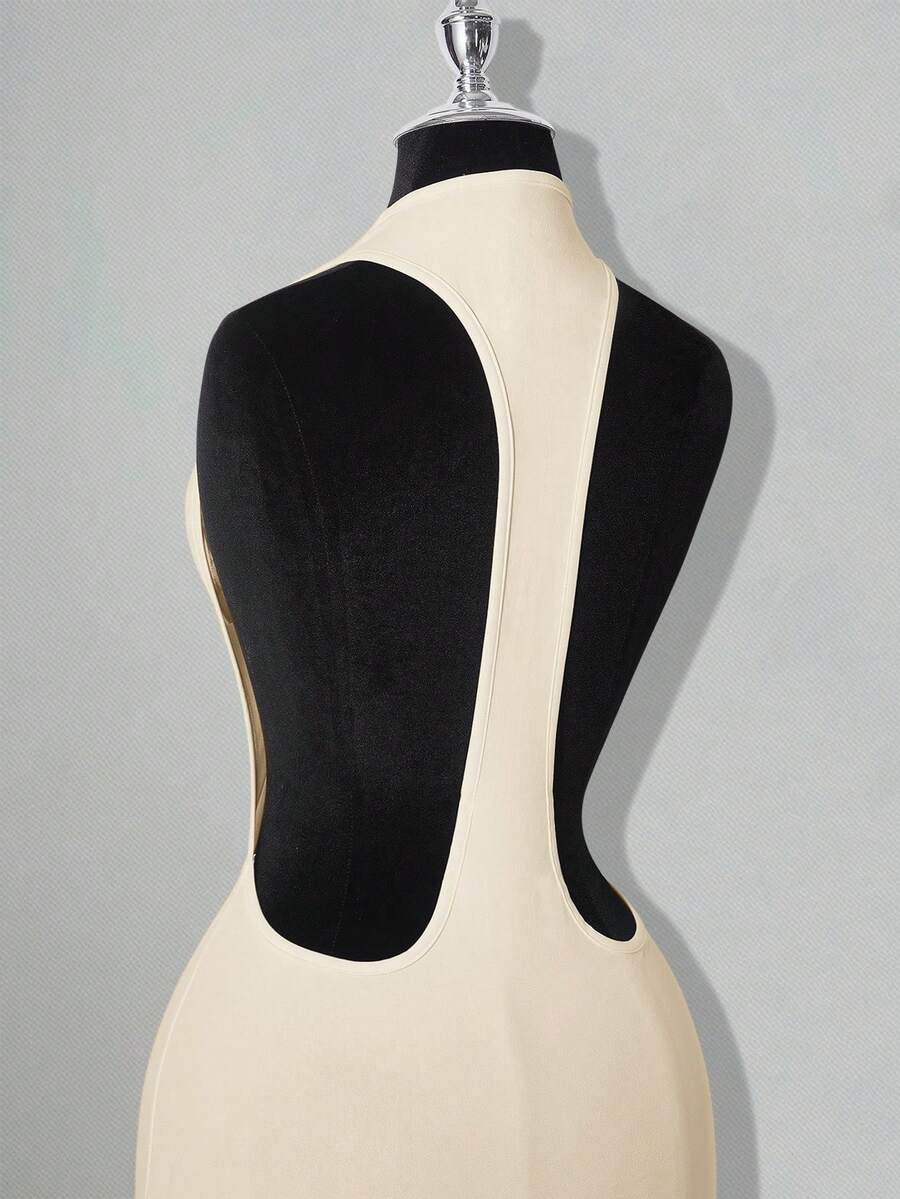 Apricot criss-cross backless bodycon mini dress for women featuring a round neck and rhinestone accent details.