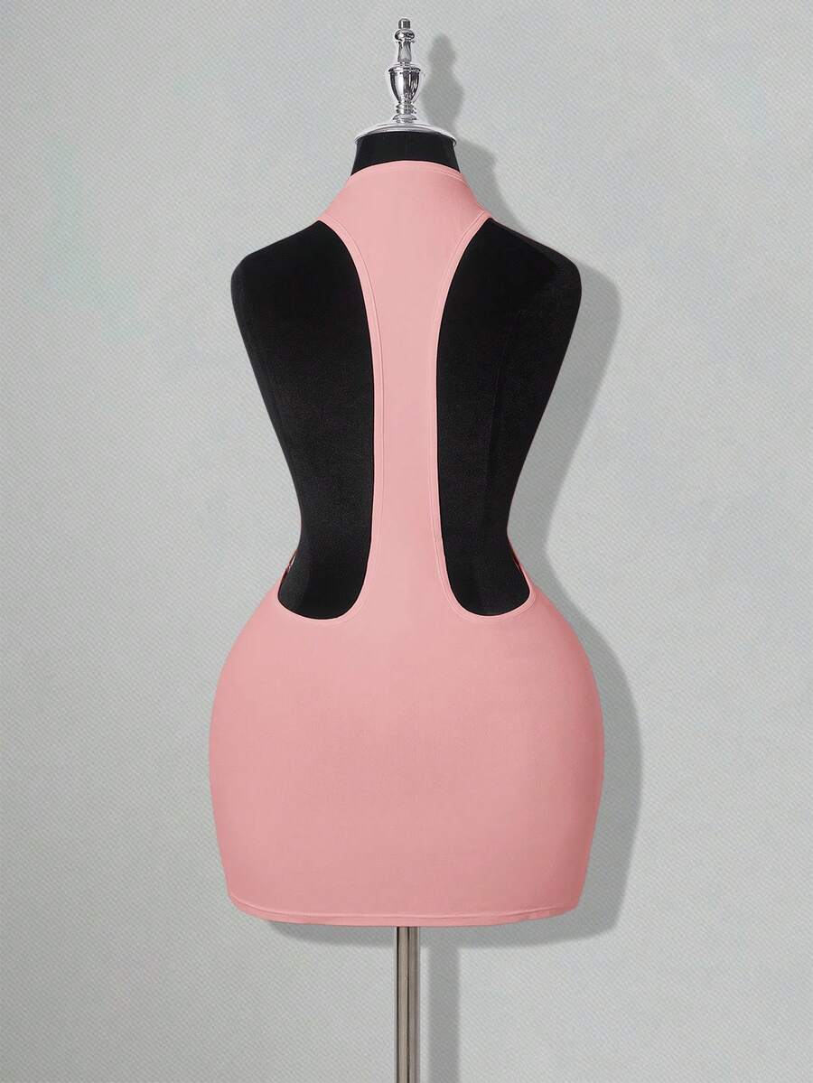 Apricot criss-cross backless bodycon mini dress for women featuring a round neck and rhinestone accent details.