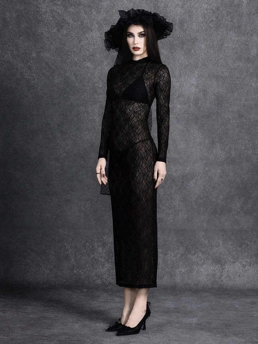 Women's black stand collar long sleeve slim fit maxi dress featuring a side slit hem and semi-sheer knitted fabric for evening wear.