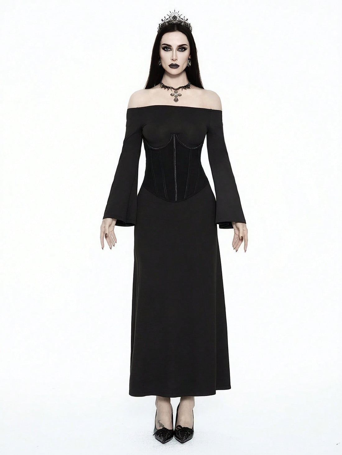Black off shoulder bodycon maxi dress featuring a micro crop top with shapewear bustier and a slim fit long knitted skirt.