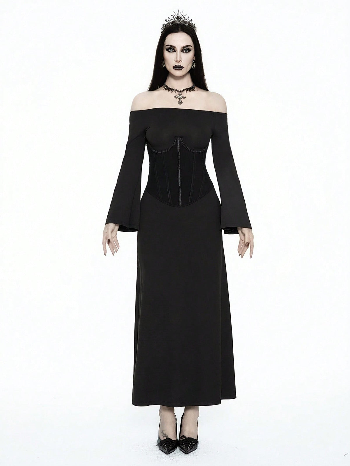Black off shoulder bodycon maxi dress featuring a micro crop top with shapewear bustier and a slim fit long knitted skirt.