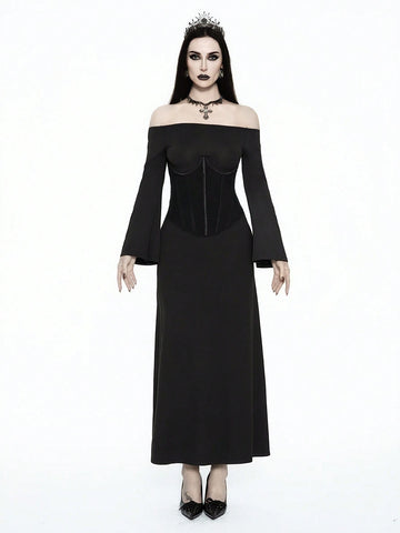 Black off shoulder bodycon maxi dress featuring a micro crop top with shapewear bustier and a slim fit long knitted skirt.