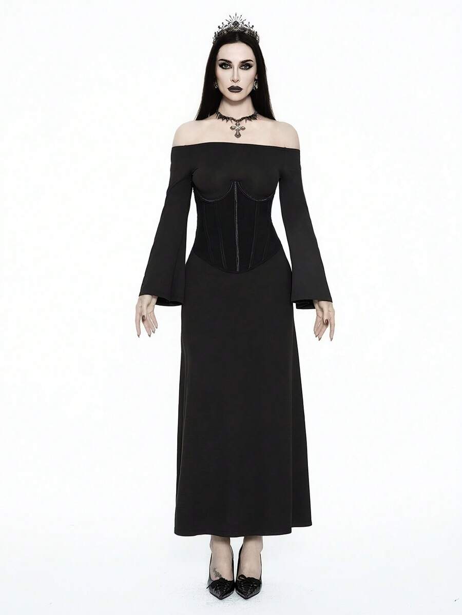 Black off shoulder bodycon maxi dress featuring a micro crop top with shapewear bustier and a slim fit long knitted skirt.
