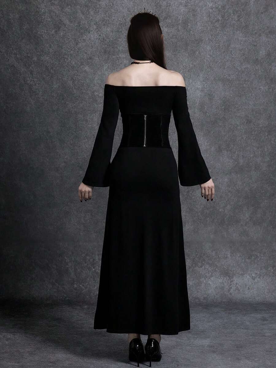 Black off shoulder bodycon maxi dress featuring a micro crop top with shapewear bustier and a slim fit long knitted skirt.