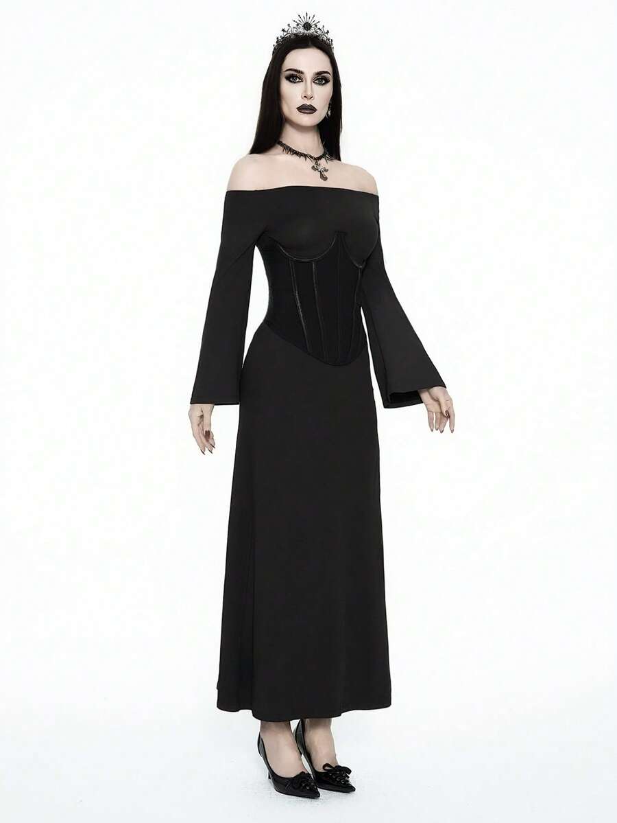 Black off shoulder bodycon maxi dress featuring a micro crop top with shapewear bustier and a slim fit long knitted skirt.