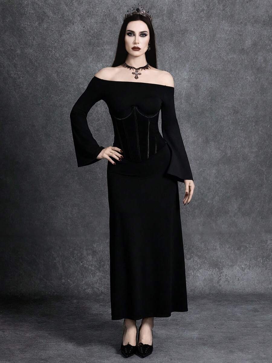 Black off shoulder bodycon maxi dress featuring a micro crop top with shapewear bustier and a slim fit long knitted skirt.