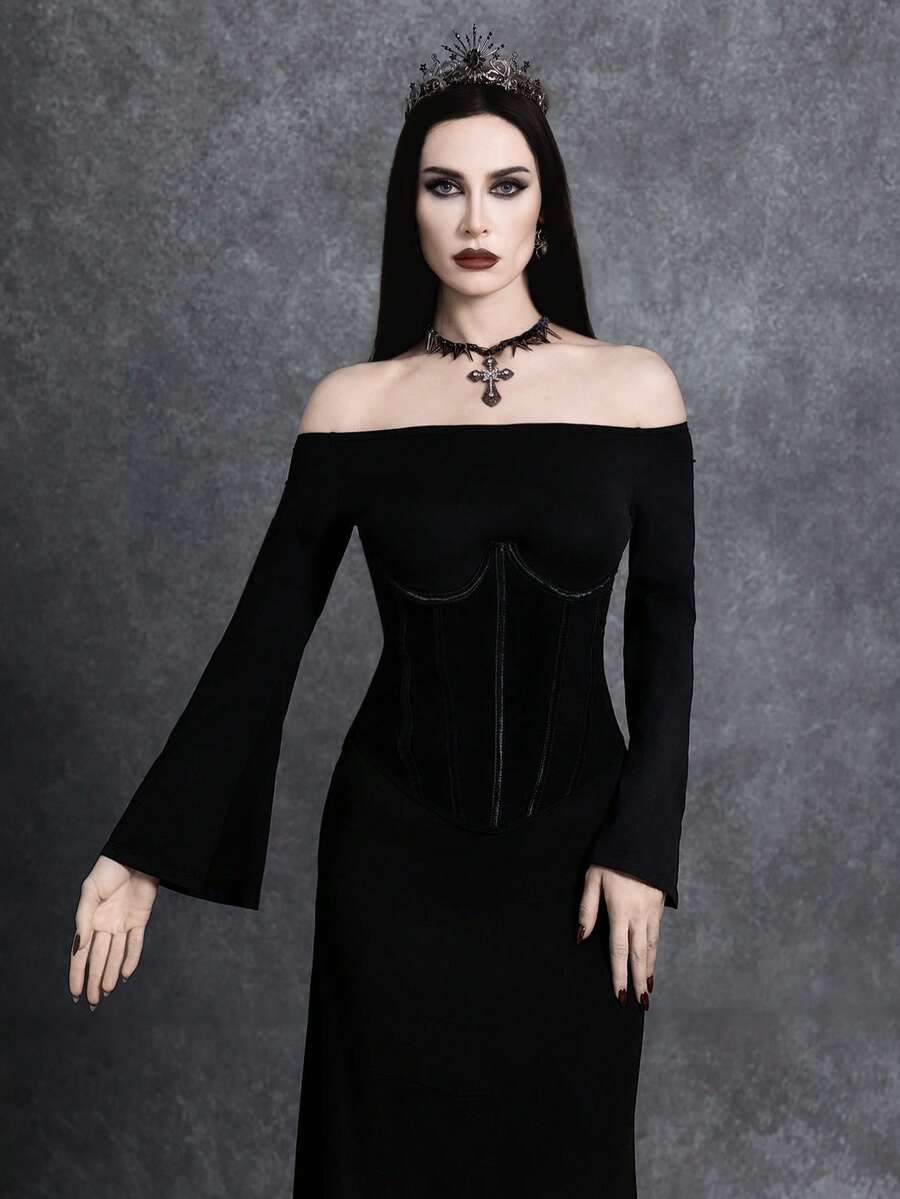 Black off shoulder bodycon maxi dress featuring a micro crop top with shapewear bustier and a slim fit long knitted skirt.