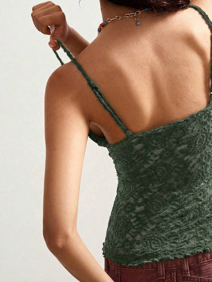 Black boho paisley knit camisole top featuring contrast lace details, spaghetti straps, and a slim crop fit for women