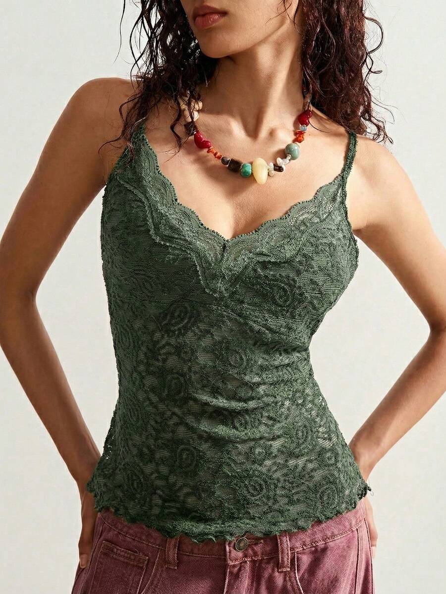 Black boho paisley knit camisole top featuring contrast lace details, spaghetti straps, and a slim crop fit for women