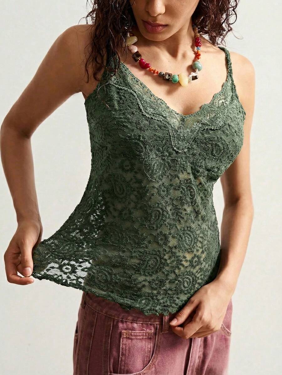 Black boho paisley knit camisole top featuring contrast lace details, spaghetti straps, and a slim crop fit for women