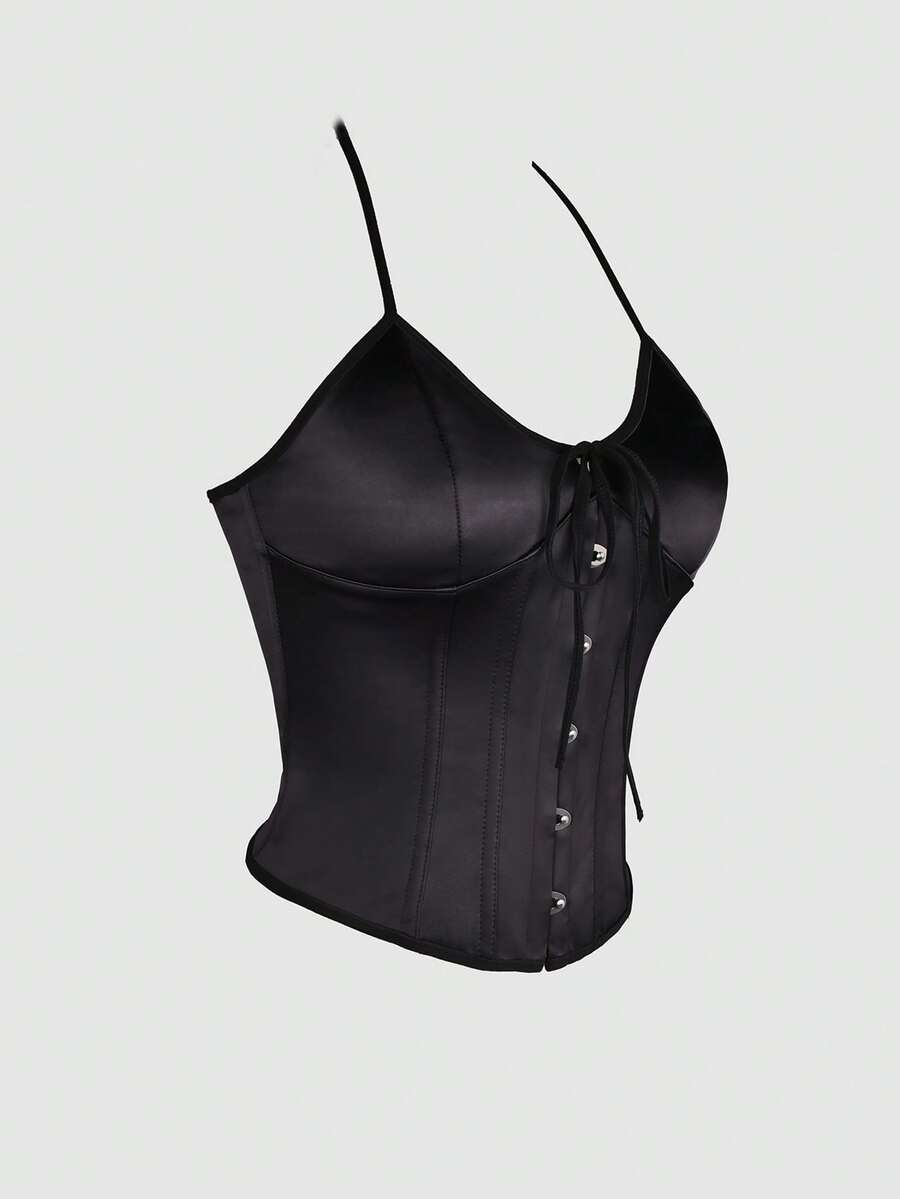 Black satin corset camisole crop top for women with halter neckline, front hook closure, back lace-up detail, and boned waist shaping.