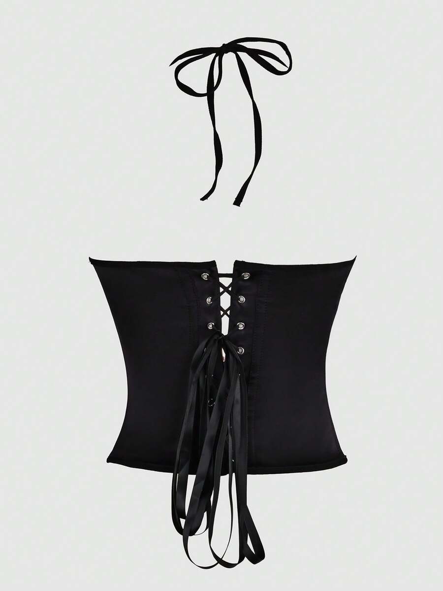 Black satin corset camisole crop top for women with halter neckline, front hook closure, back lace-up detail, and boned waist shaping.