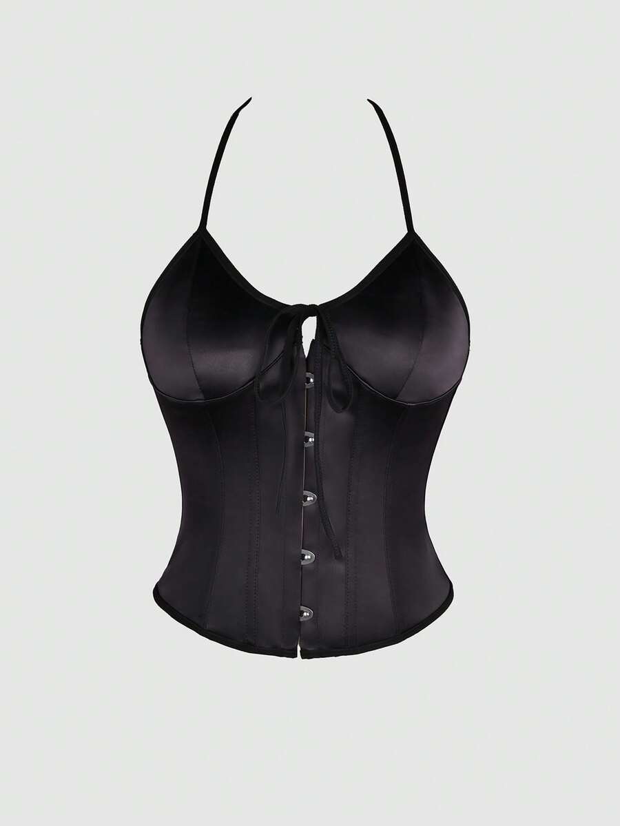 Black satin corset camisole crop top for women with halter neckline, front hook closure, back lace-up detail, and boned waist shaping.