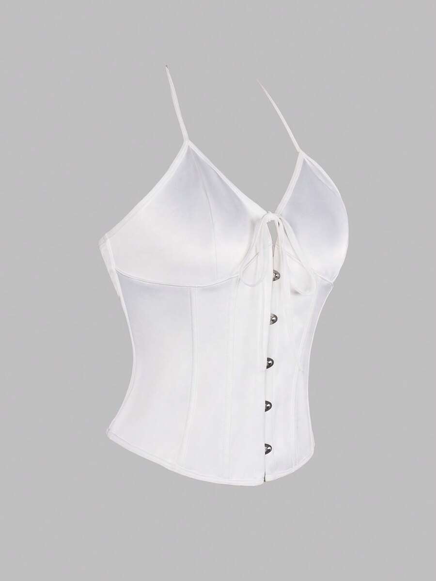 Black satin corset camisole crop top for women with halter neckline, front hook closure, back lace-up detail, and boned waist shaping.