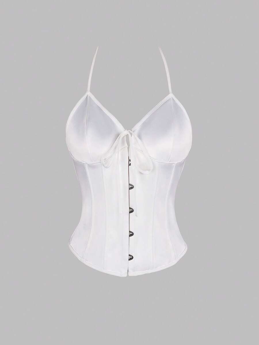Black satin corset camisole crop top for women with halter neckline, front hook closure, back lace-up detail, and boned waist shaping.