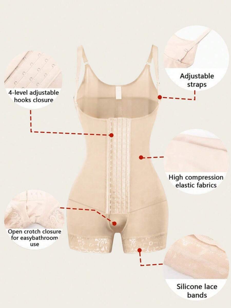 Women's apricot body shaper jumpsuit with 4-row hook and eye front closure and contrast lace details.