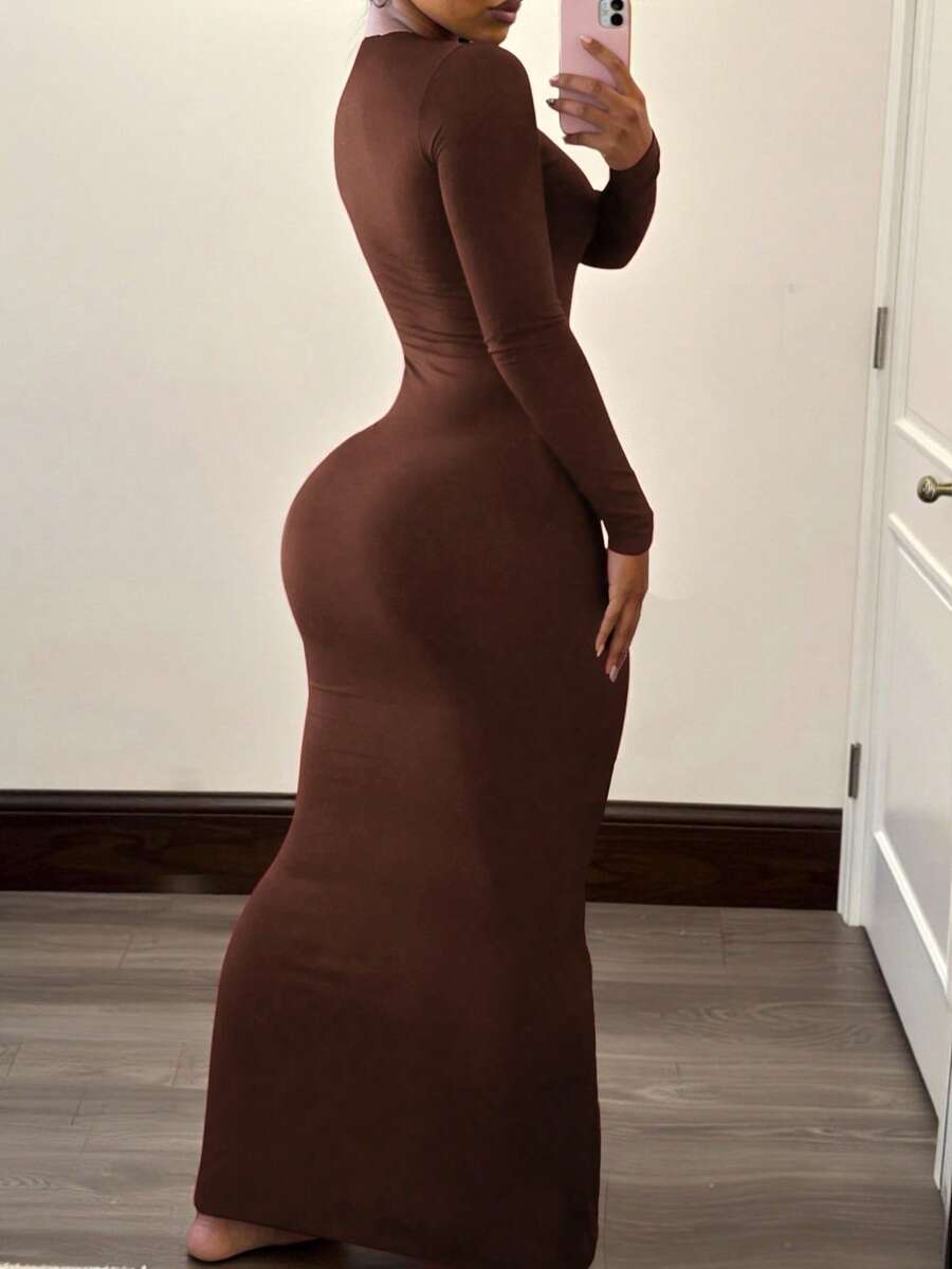 Women's apricot long bodycon dress with short sleeves, scoop neck, and side split hem.
