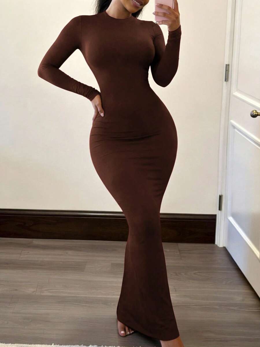 Women's apricot long bodycon dress with short sleeves, scoop neck, and side split hem.