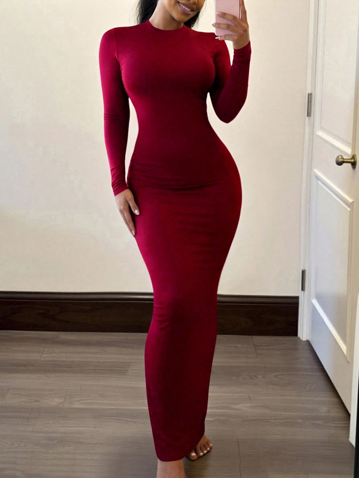 Women's apricot long bodycon dress with short sleeves, scoop neck, and side split hem.