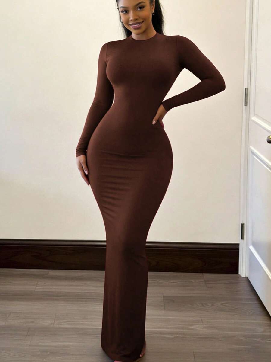 Women's apricot long bodycon dress with short sleeves, scoop neck, and side split hem.