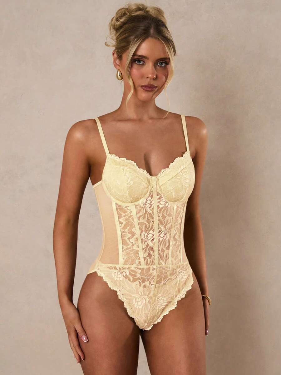 Apricot lace patchwork bodysuit for women featuring contrast corset detailing and spaghetti straps.