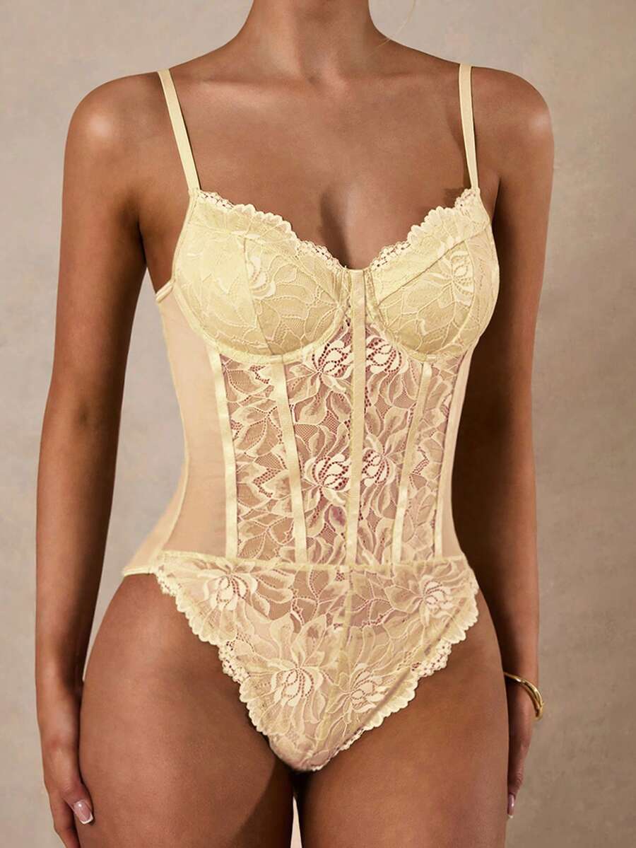 Apricot lace patchwork bodysuit for women featuring contrast corset detailing and spaghetti straps.