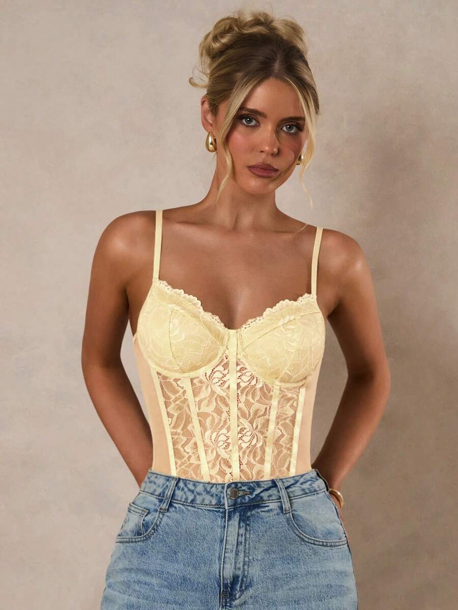 Apricot lace patchwork bodysuit for women featuring contrast corset detailing and spaghetti straps.