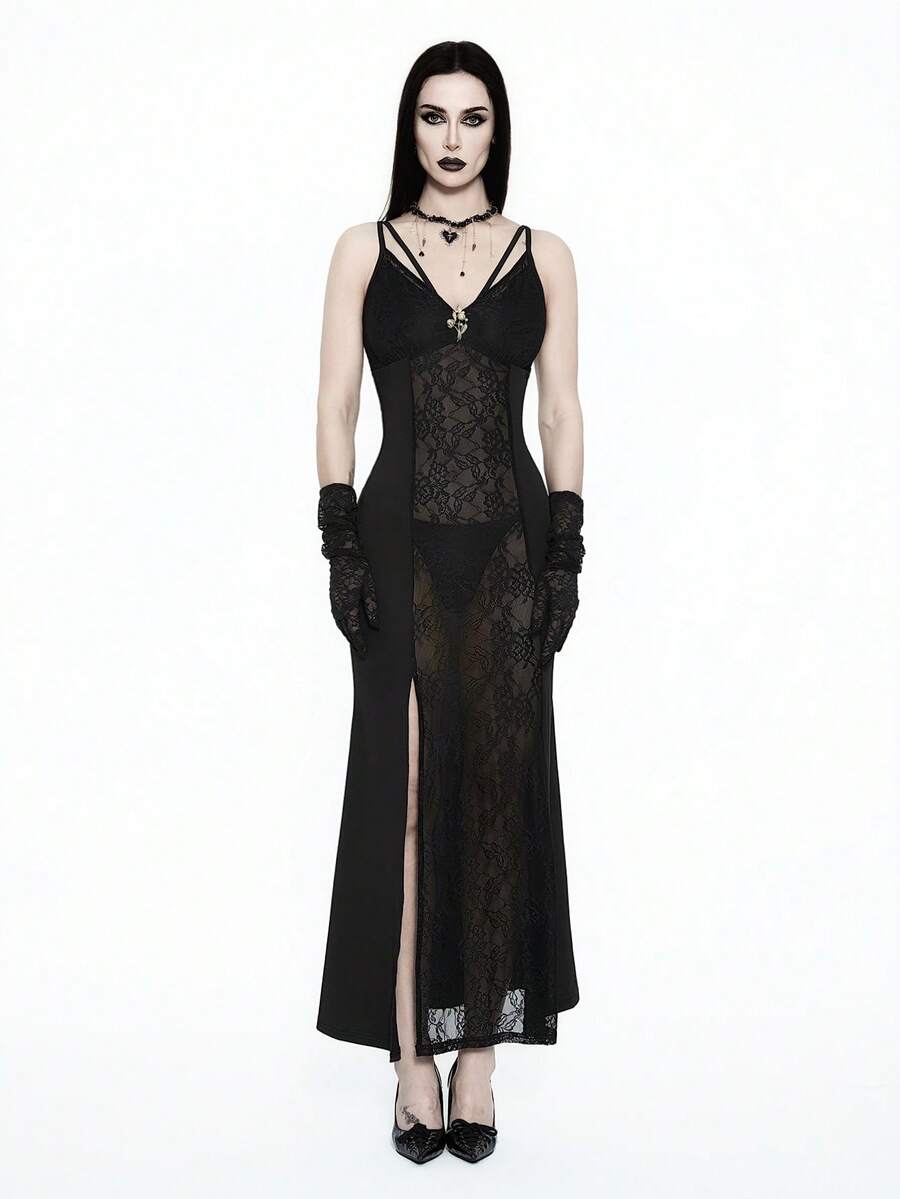 Women wearing a long black lace goth dress featuring spaghetti straps, semi-sheer fabric, and a split thigh hem.