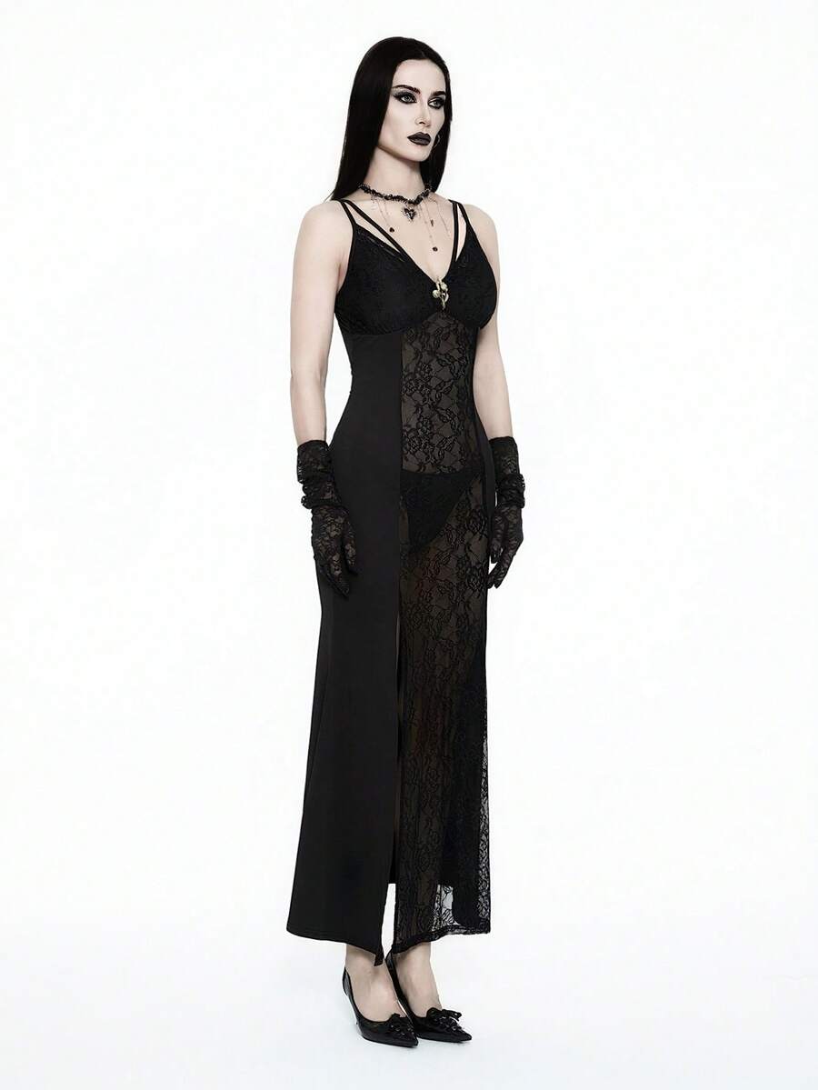Women wearing a long black lace goth dress featuring spaghetti straps, semi-sheer fabric, and a split thigh hem.