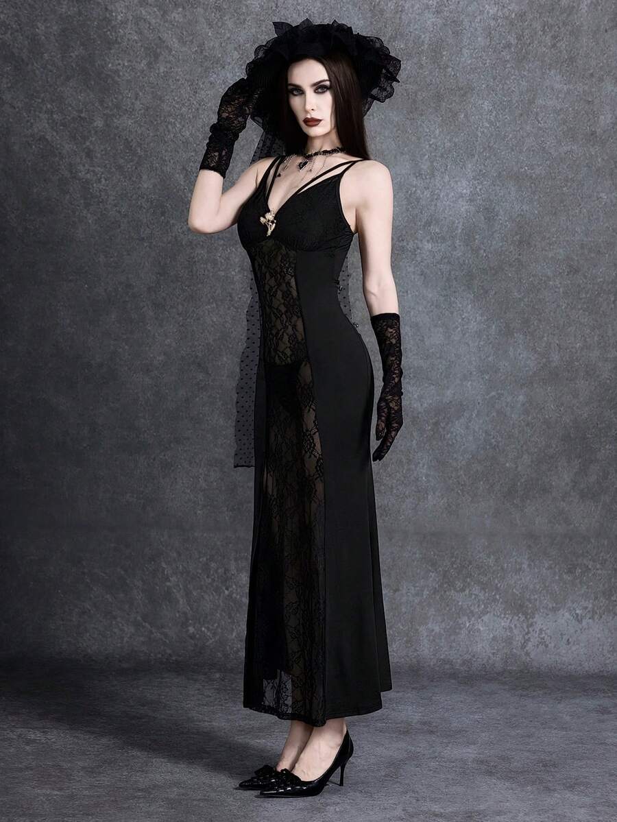Women wearing a long black lace goth dress featuring spaghetti straps, semi-sheer fabric, and a split thigh hem.