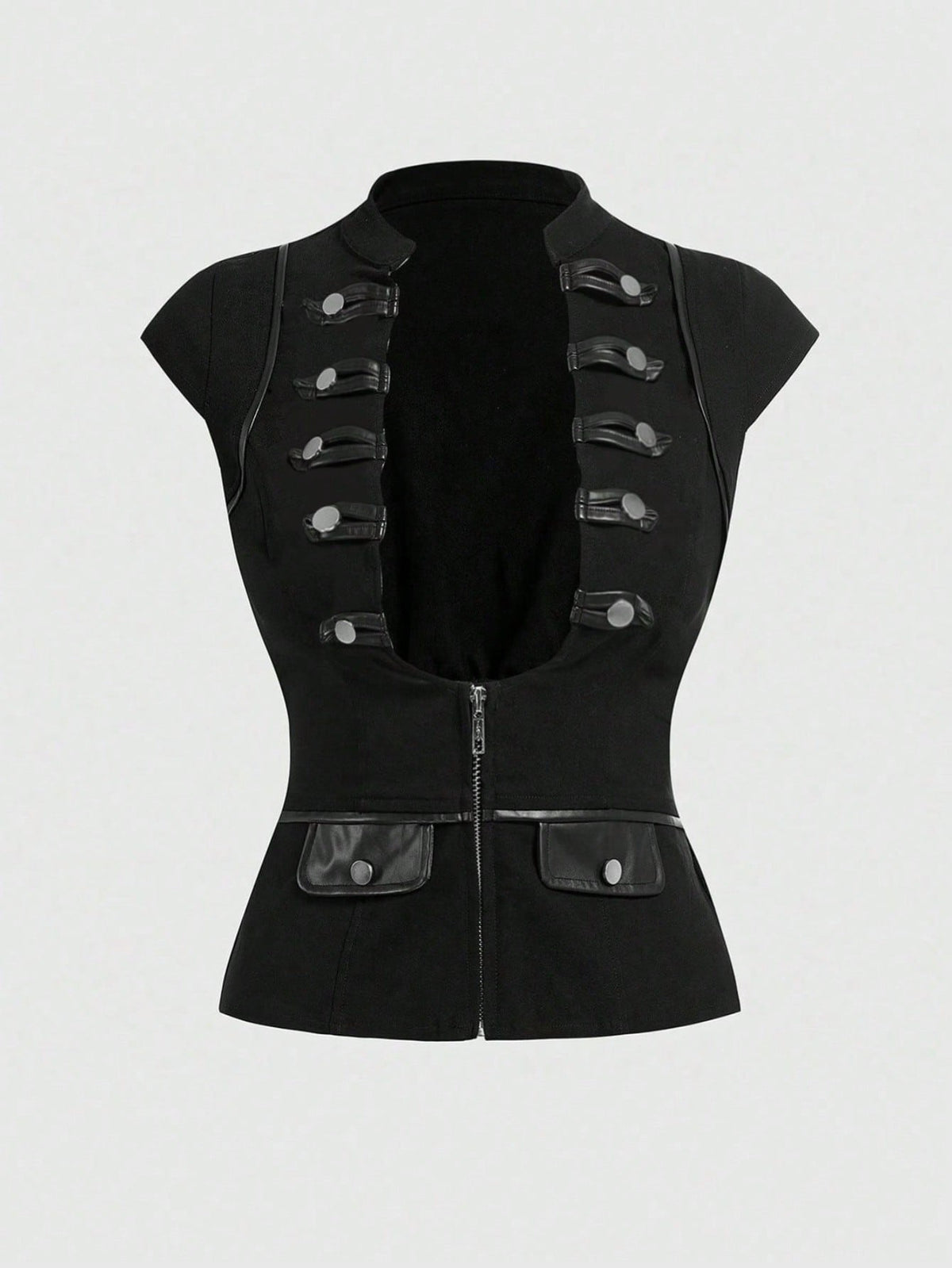 Women's black deep V-neck top featuring cap sleeves, cut-out lace-up details, zipper closure, and regular fit woven fabric.