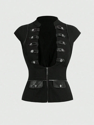 Women's black deep V-neck top featuring cap sleeves, cut-out lace-up details, zipper closure, and regular fit woven fabric.
