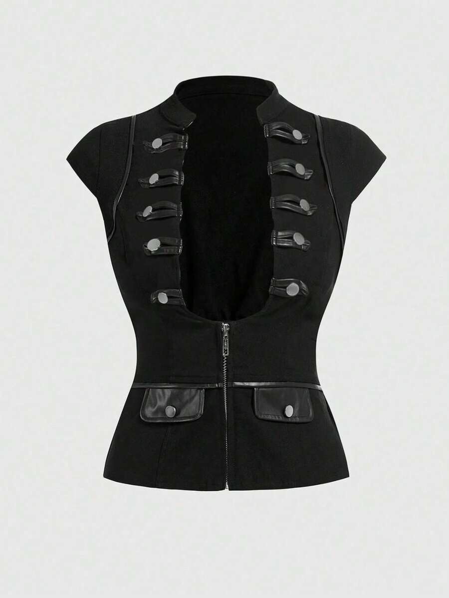 Women's black deep V-neck top featuring cap sleeves, cut-out lace-up details, zipper closure, and regular fit woven fabric.